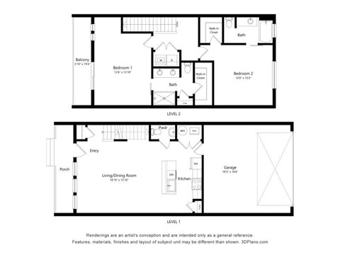 Floor plan for 2 beds, 2.5 baths, 1767 sqft